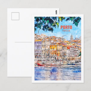 Porto Portugal Berühmter Reiseort Wasserfarbe Postkarte