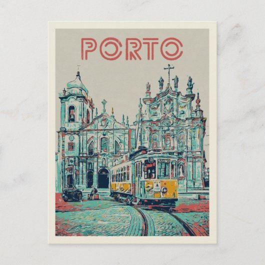 Porto-Straßenbahn und Kirchenillustrierung Portuga Postkarte (Vorderseite)