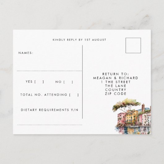 Portofino Italienische Hochzeit Rsvp Postkarte (Rückseite)