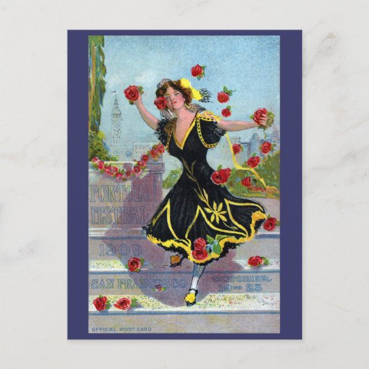 Portola Festival Lady mit Rose 1909 Postkarte (Vorderseite)