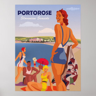 Portorose, Mädchen auf dem Strand, Vintage Reise Poster