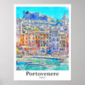 Portovenere Italien Reisen Wasserfarbenhandzeichnu Poster (Vorne)
