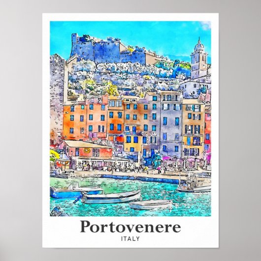 Portovenere Italien Reisen Wasserfarbenhandzeichnu Poster (Vorne)
