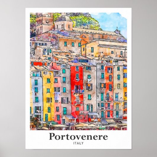 Portovenere Italien Reisen Wasserfarbenhandzeichnu Poster (Vorne)