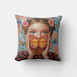 Portrait Butterfly Girl in einem floralen Wunderla Kissen