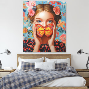 Portrait Butterfly Girl in einem floralen Wunderla Leinwanddruck