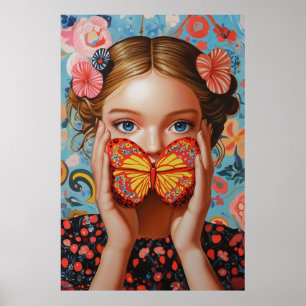 Portrait Butterfly Girl in einem floralen Wunderla Poster