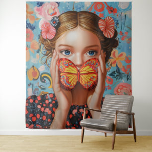 Portrait Butterfly Girl in einem floralen Wunderla Wandteppich