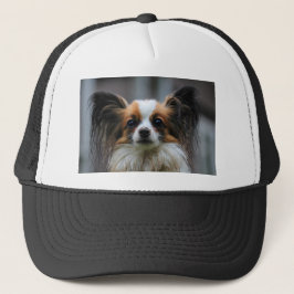 Portrait des reinrassigen Papillon-Hundes Truckerkappe