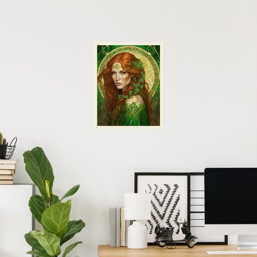 Portrait einer Frau im Kleeblatt Green Celtic Gold Poster (Heimbüro)