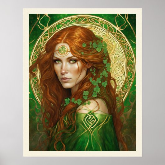 Portrait einer Frau im Kleeblatt Green Celtic Gold Poster (Vorne)