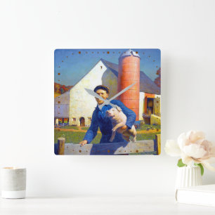 Portrait eines Bauern NC Wyeth 1943 Americana Art Quadratische Wanduhr