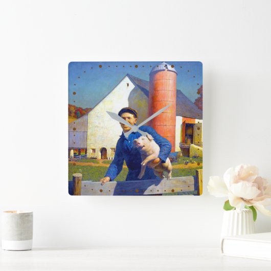 Portrait eines Bauern NC Wyeth 1943 Americana Art Quadratische Wanduhr (Zuhause)