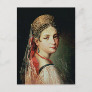 Portrait eines jungen Mädchens in Sarafan und Postkarte