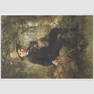Portrait eines Jungen mit Hund in einem Wald (Knau Seidenpapier