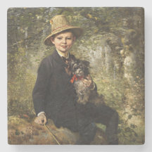 Portrait eines Jungen mit Hund in einem Wald (Knau