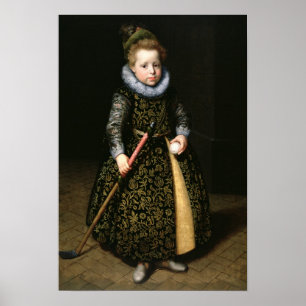 Portrait eines vierjährigen Jungen mit Club und Poster