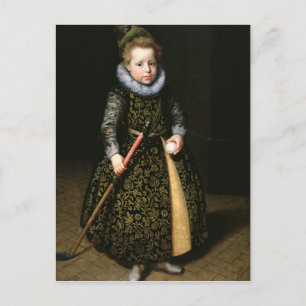 Portrait eines vierjährigen Jungen mit Club und Postkarte