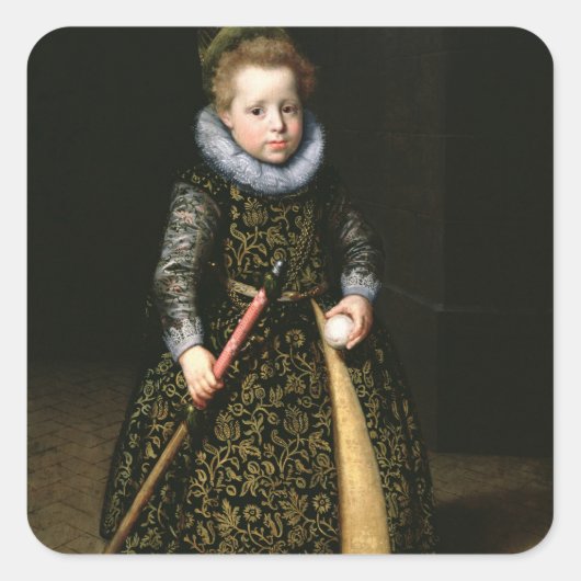 Portrait eines vierjährigen Jungen mit Club und Quadratischer Aufkleber (Vorderseite)