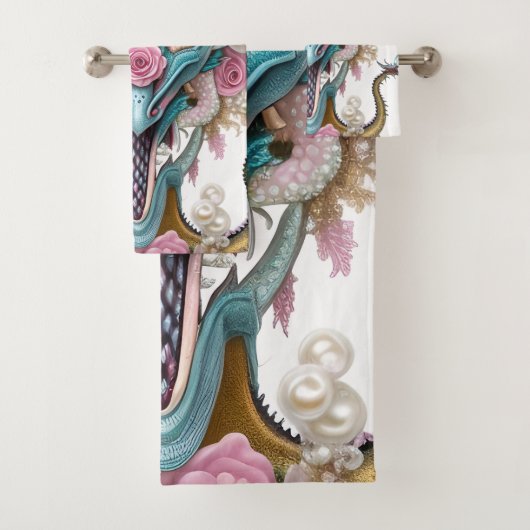 Portrait eines wunderschönen, skurrilen, rosa Drac Badhandtuch Set (Insitu)