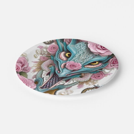 Portrait eines wunderschönen, skurrilen, rosa Drac Pappteller (Schrägansicht)