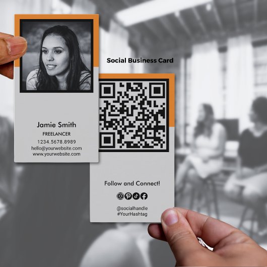 Portrait Foto Social QR Code Schwarz, Orange & Gra Visitenkarte