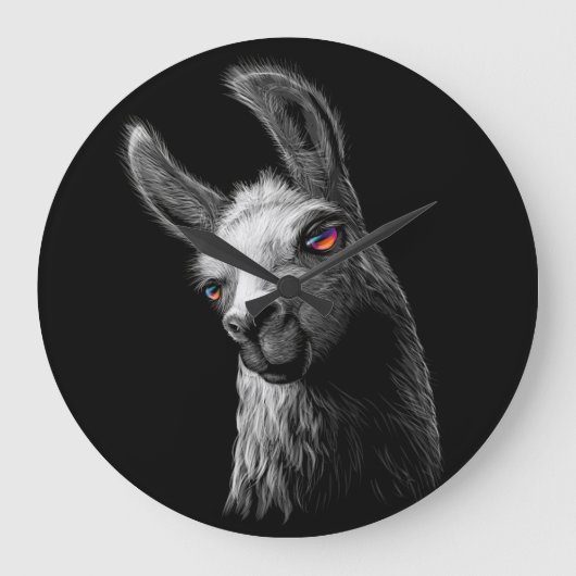 Portrait Head Niedlich Llama auf schwarzem Hinterg Große Wanduhr (Vorderseite)