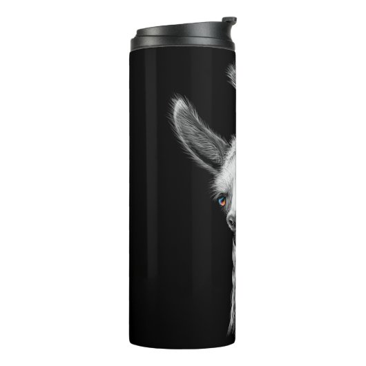 Portrait Head Niedlich Llama auf schwarzem Hinterg Thermosbecher (Nach links gedreht)