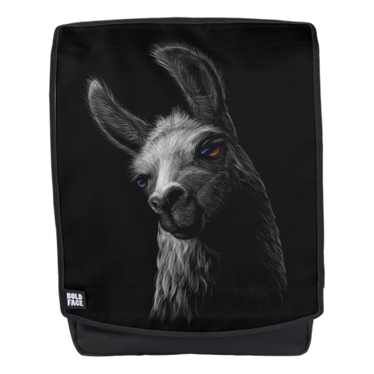 Portrait Head Niedlich Llama mit schwarzem Hinterg Rucksack (Vorderseite)