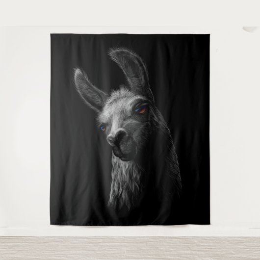 Portrait Head Niedlich Llama mit schwarzem Hinterg Wandteppich (Vorderseite)