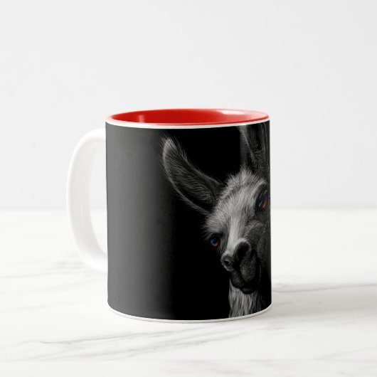 Portrait Head Niedlich Llama mit schwarzem Hinterg Zweifarbige Tasse (Vorderseite Links)