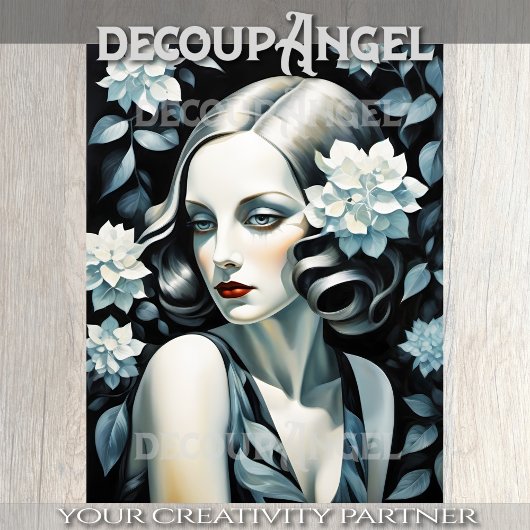 Portrait in Art Deco - Blau - Decoupage - Seidenpapier