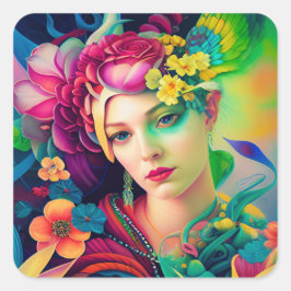 Portrait of a Woman Adorned with Flowers Quadratischer Aufkleber