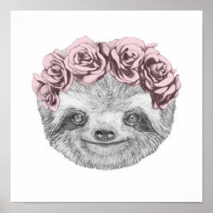 Portrait Of Sloth Floral Head Wreath Poster