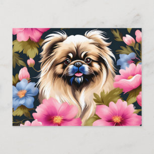 Portrait Pekingese und Blume Postkarte