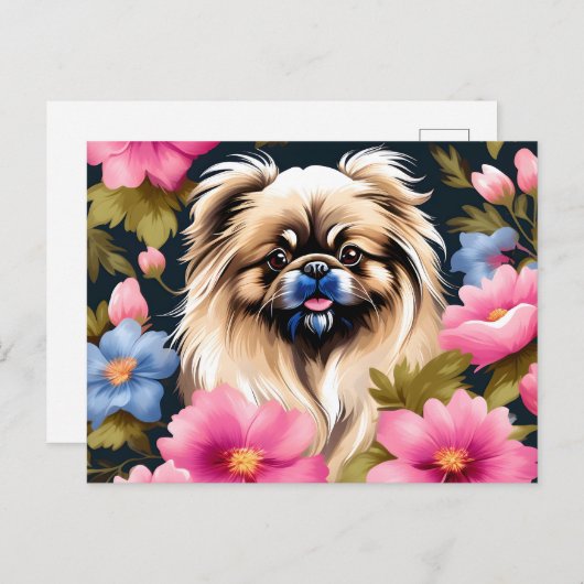 Portrait Pekingese und Blume Postkarte (Vorne/Hinten)