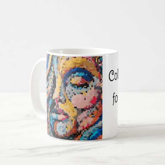 Portrait über die farbenfrohe Pixeldarstellung Kaffeetasse (Vorderseite Links)