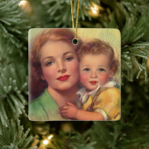 Portrait Vintager Mutter- und Kinderfamilie Keramikornament