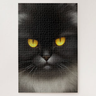 Portrait von Angry Fluffy Black Persian Cat Face Puzzle
