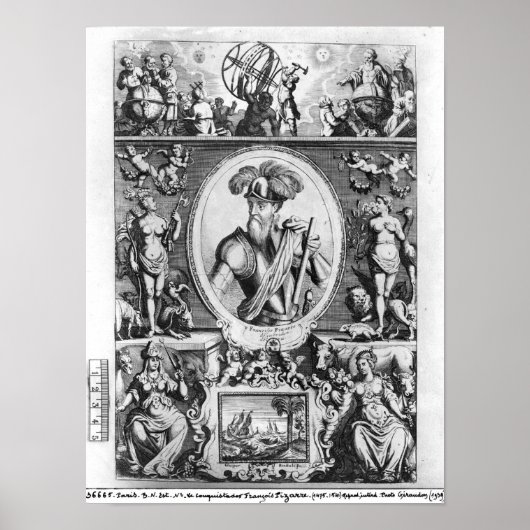 Portrait von Francisco Pizarro mit allegorischen Poster (Vorne)