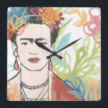 Portrait von Frida Kahlo Quadratische Wanduhr<br><div class="desc">Portrait von Frida Kahlo von June Erica Vess</div>