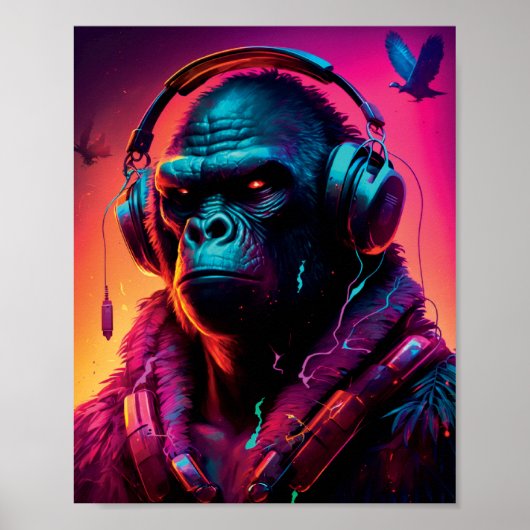 Portrait von Gorilla mit einem Kopfhörer Poster (Vorne)