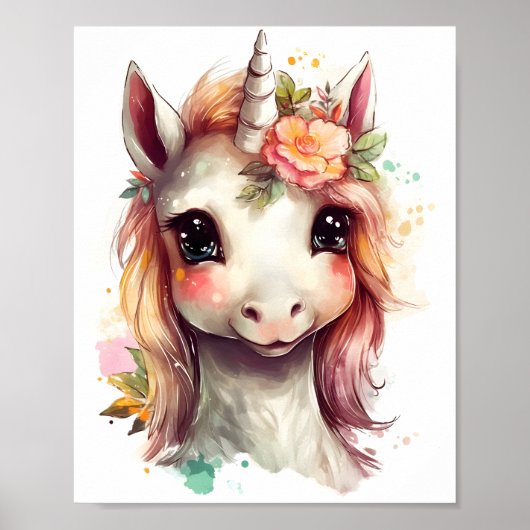 Portrait von Niedlichem Einhorn mit Blume Poster (Vorne)
