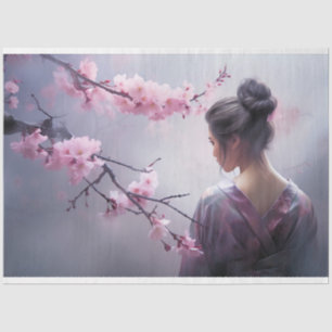 Portrait von Oriental Misty Geisha und Kirschblüte Seidenpapier