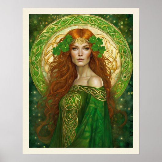 Portrait Woman Kleeblatt Green Gold keltischen Kno Poster (Vorne)