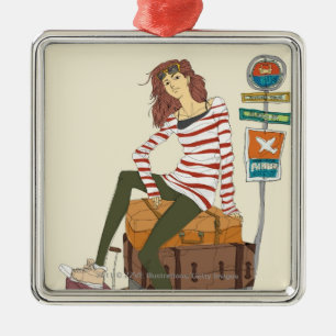 Porträt der jungen Frau sitzend auf Koffer Silbernes Ornament