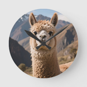 Porträt des neugierigen Lamas am Berg Runde Wanduhr
