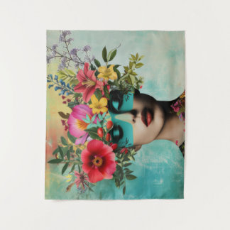 Porträt einer Dame im Vintage-Stil mit Blumen Wandteppich