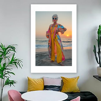 Porträt einer extravaganten Frau am Meer Poster