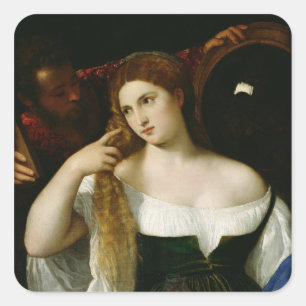 Porträt einer Frau an ihrer Toilette, 1512-15 Quadratischer Aufkleber